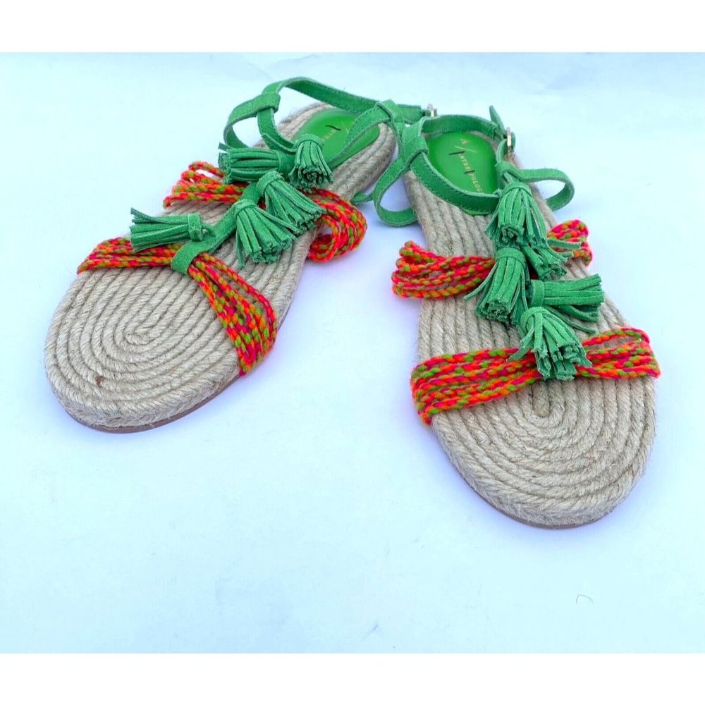 Anthropologie Fringed Rope Sandals Green Suede Boho Tassel Size 10M NWOB - Picture 2 of 14